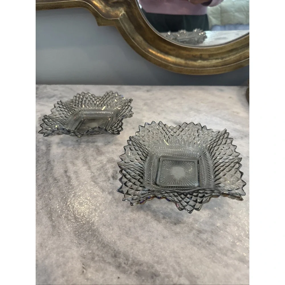 2 Vintage Indiana Carnival Glass Smoke Iridescent Ruffled Edge Diamond‎ Cut Dish